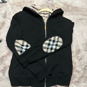 Burberry Black Hoodie with Plaid Elbow Patches